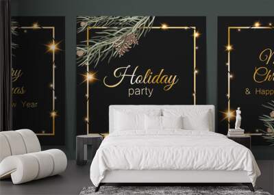 A new set of Christmas party invitations with silver letters and lettering on a dark background.With the image of fir branches with cones and bright lights of a garland.For printing,instagram post Wall mural