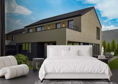 Modern luxury villa exterior in minimal scandinavian style, 3d render Wall mural