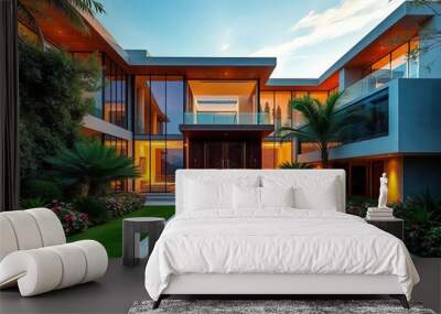 Modern luxury villa exterior in minimal scandinavian style with big swimming pool Wall mural