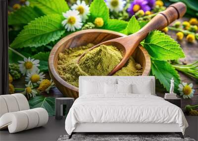 A bowl of freshly ground herbal powder with a wooden spoon, set among green leaves and flowers, photorealistic, hyper-resolution, pure and natural remedy Wall mural