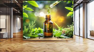 An alternative herbal medicine concept depicting herbal essence being dropped, symbolizing the extraction or use of natural plant extracts for medicinal purposes. This imagery often represents Wall mural