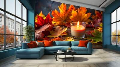 Autumn leaves with candle and leaves with dark background Wall mural