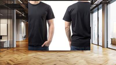 Black t shirt front and back view, isolated on white background. Ready for your mock up design template. Wall mural