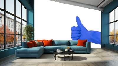 Blue glove for cleaning on a female hand shows thumb up. The concept of cleanliness. Wall mural