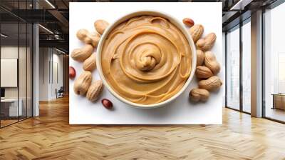 Bowl of peanut butter and peanuts isolated on white background. Top view Wall mural