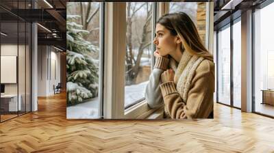 depression - seasonal affective disorder mental health woman sad comtemplative looking out the window alone Wall mural