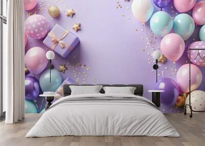 Pastel Balloons and Gifts on a Lavender Background for a Festive Celebration Wall mural