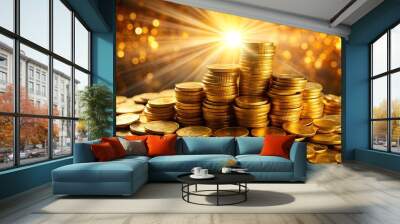 pile gold coins sparkling bright light symbolizing financial success prosperity Wall mural