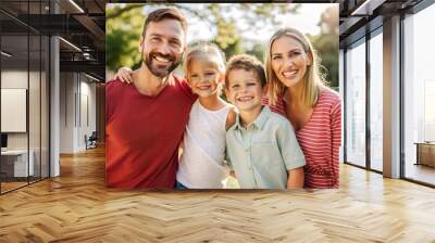 Portrait of happy smiling family of four with son and daughter standing in the summer park and looking cheerful at camera. Parents with two kids walking in nature enjoying sunny day together. Wall mural