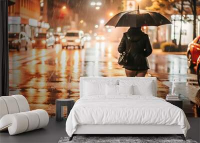 Rainy Night City Street with Silhouette of Person Walking Wall mural