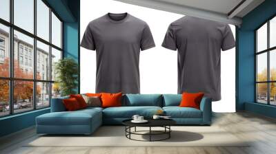 Simple dark gray t-shirt mockup, front and back view isolated on white background Wall mural