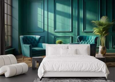 Teal Room Interior With Two Velvet Chairs and Sunlight Wall mural