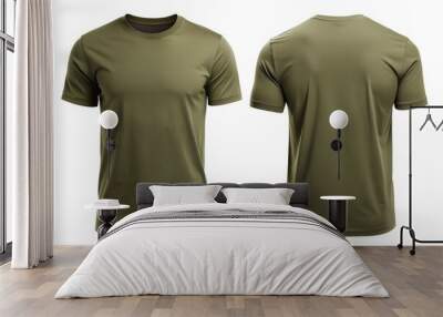 Two blank olive green t shirts mockup, front and back view, isolated on background. Wall mural