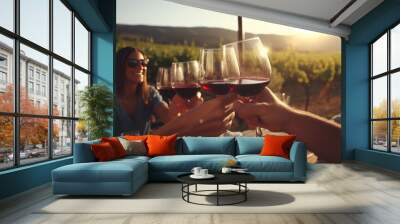 Young friends toasting red wine in a country vineyard - Happy hour fun at the winery bar. A group of young people celebrating friendship and relaxation in a rural setting. Wall mural