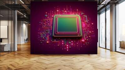 A computer chip is shown in a colorful, abstract style. The chip is surrounded by a pattern of dots and lines, giving it a futuristic and technological feel. The colors and shapes of the chip Wall mural