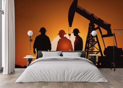 Silhouettes of oil workers near an oil pump. Maintenance of oil pump jacks. Generative AI Wall mural