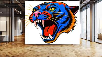 Digital illustration with light texture of blue tiger head with open mouth revealing sharp teeth. Aggressive wild cat print, png Wall mural