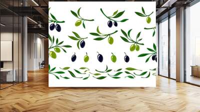 set of olives. vector black and green macro fruit Wall mural