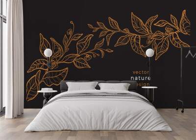 Vector art line plant, tea leaf Gold retro garland Wall mural