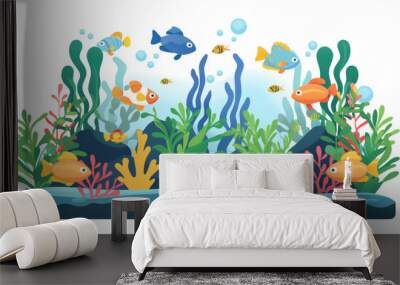 Cartoon freshwater fishes in tank aquarium on transparent. Exotic cartoon fish in aquarium Wall mural