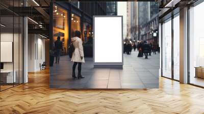 Empty Vertical space advertisement board, blank white signboard on roadside in city, Vertical blank billboard in city in night time, White signboard or lightbox on roadside for advertisement placement Wall mural