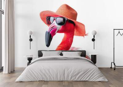 Funny flamingo in sun glasses and hat on transparent. Summer travel poster concept Wall mural