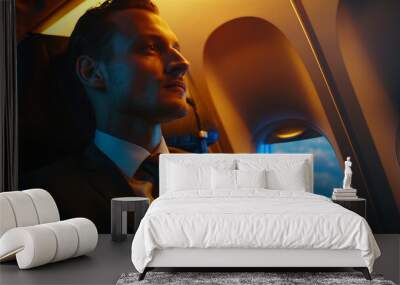 Middle aged man in aircraft cabin during his business travel Wall mural