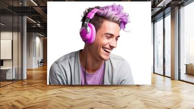 Portrait of happy young man wearing headphone and enjoy music over transparent background. Relax, favorite music, fun and pleasure at spare time concept Wall mural