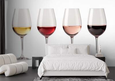 Set of white, rose, and red wine glasses isolated on transparent background Wall mural