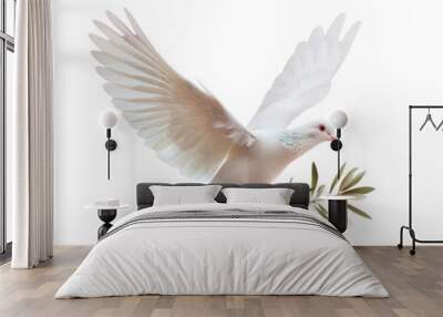 white dove of peace flying with green olive twig isolated on transparent background with space for text Wall mural