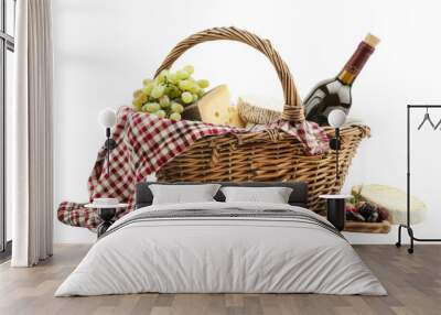 Wicker basket with tasty food for picnic and wine on transparent background Wall mural