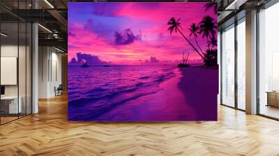 fantasy tropical sunset on the beach. Amazing Colorful sky purple cloud and sky dramatic color background. Majestic Sunlight Cloud fluffy Wall mural