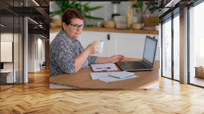 Senior woman using laptop for websurfing in her kitchen. The concept of senior employment, social security. Mature lady sitting at work typing a notebook computer in an home office. Wall mural