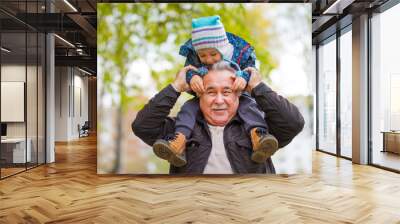 Shot of a happy senior man smiling looking away his grandson hugging him from behind copyspace relax family love people children retirement vitality lifestyle parenting childhood values weekend Wall mural