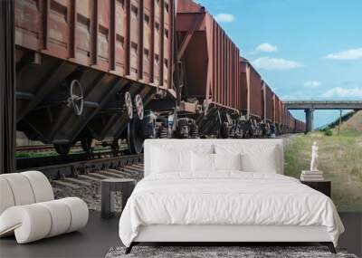 wagons of a freight train in motion go to horizon under bridge Wall mural