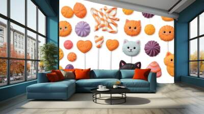 Assortment of cat-themed candies and decorations Wall mural