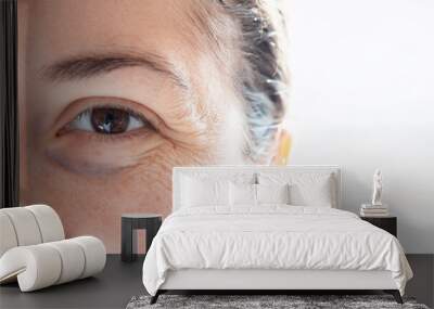 Close up on facial wrinkles. Expression wrinkle treatment. Dry and not very elastic skin. Skin aging concept. Prevention of the signs of aging on the face. Wall mural