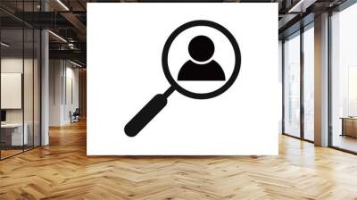 recruiting icon. Magnifier with man isolated on white. Magnifying glass icon. Find people, human research. Vector illustration. know your customers icon flat pictogram. Wall mural