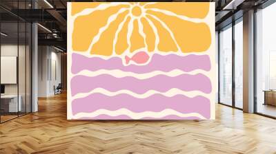 Fish in the sea abstract wavy sun background. Contemporary poster print banner template. Organic doodle shapes in trendy naive hippie 60s 70s style. Square wavy hand draw vector illustration Wall mural