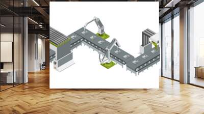 Automatic factory with conveyor line and robotic arms. Assembly process. Vector illustration
 Wall mural