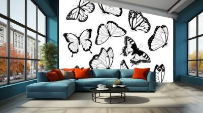 Black and white flying butterflies. Isolated on white background. Vector illustration.
 Wall mural