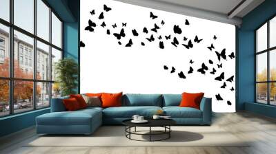 Flock of black butterflies silhouette flying on white background. Vector illustration Wall mural