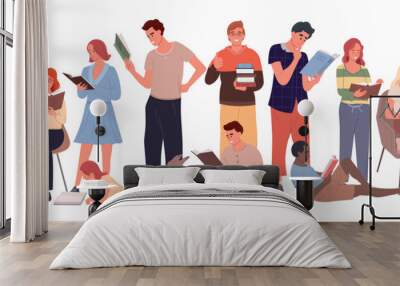 Group of people reading books. Literature fans vector flat illustration. Students studying and preparing for examination. 
 Wall mural