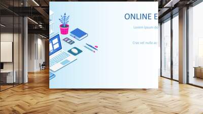 Learning online at home. Isometric composition with laptop and books. E-learning banner. Web courses or tutorials concept. Distance education flat vector illustration. Wall mural