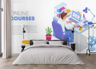 Modern flat design isometric concept of Online Education. Landing page template. Student character sitting at desk and taking online courses. Can use for web banner, infographics, and website. Vector  Wall mural