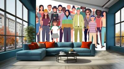 Multinational group of people isolated on white background. Children, adults and teenagers stand together. Vector illustration  Wall mural