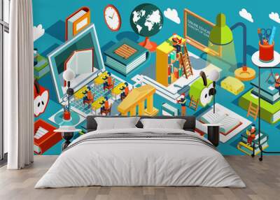 Online education Isometric flat design. The concept of learning and reading books in the library and in the classroom. University studies. Illustration Wall mural