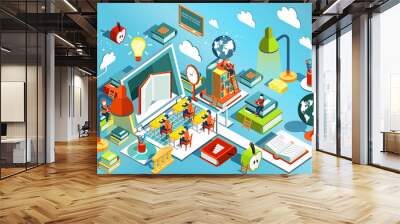 Online education Isometric flat design. The concept of learning and reading books in the library and in the classroom. University studies. Illustration Wall mural