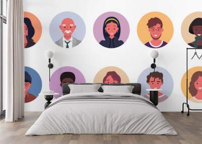 People avatar bundle set. User portraits in circles. Different human face icons. Male and female characters. Smiling men and women characters. Flat cartoon style illustration Wall mural