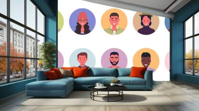 People avatar bundle set. User portraits in circles. Different human face icons. Male and female characters. Smiling men and women characters. Flat cartoon style vector illustration
 Wall mural